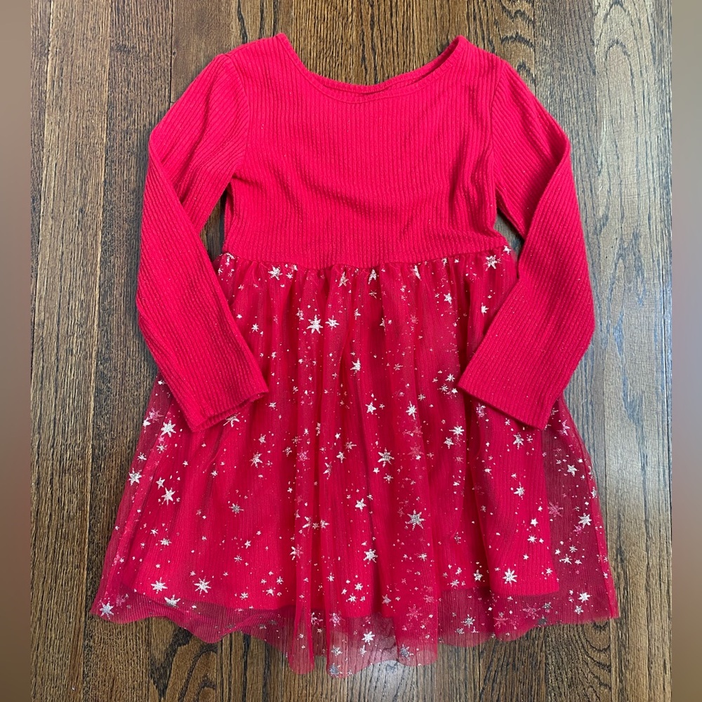 4T girl twirl dress Red Long Sleeve Starry Tulle Overlay Skirt Gold Metallic